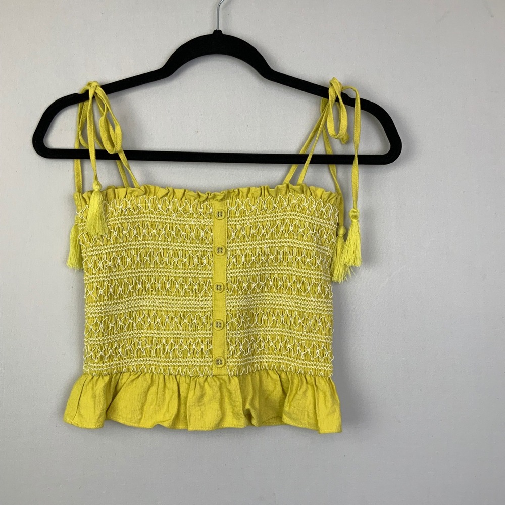 Lost + Wander XS Chartreuse Yellow Smocked Ruffle Tassel Shoulder Tie Crop Top